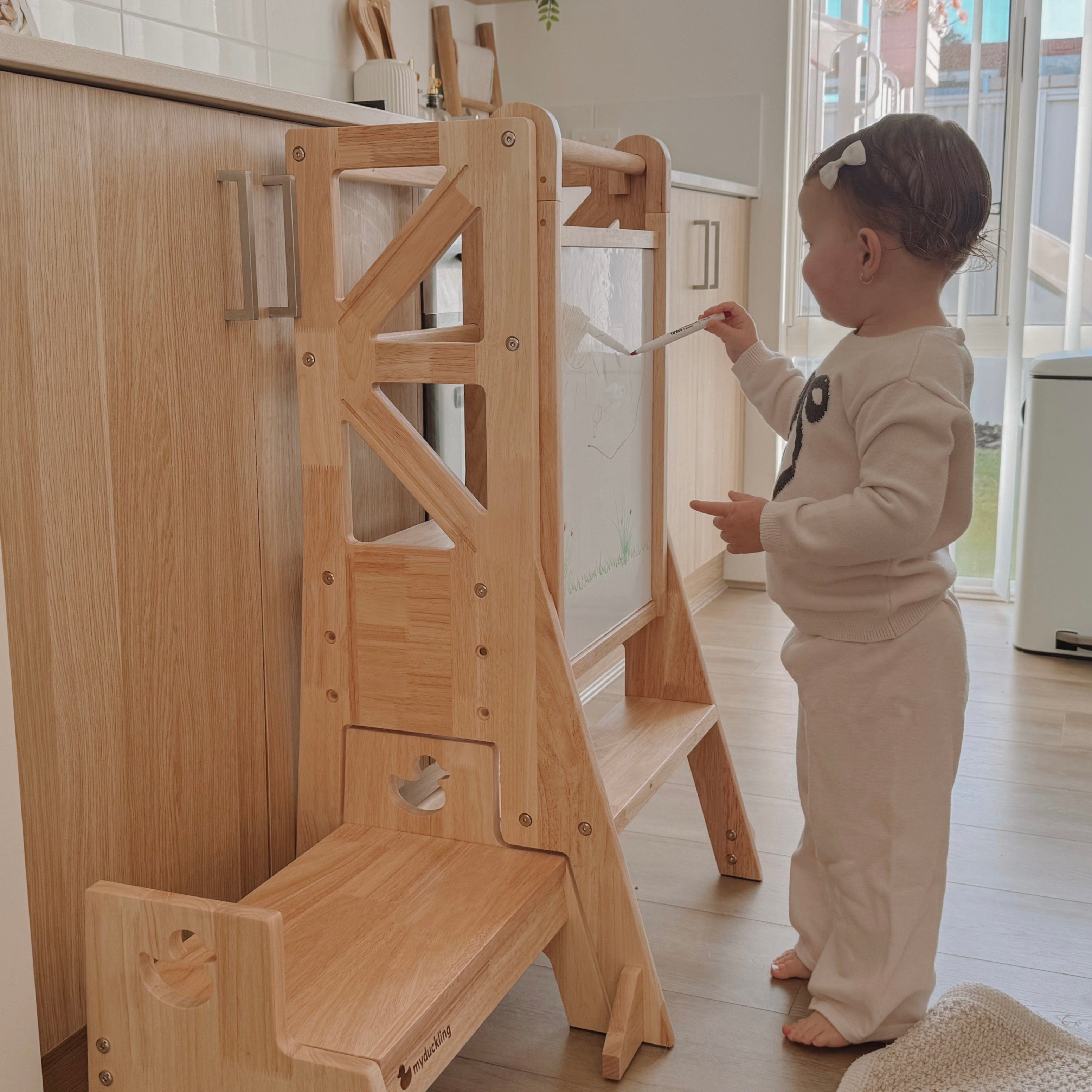 JALA Deluxe Solid Wood Adjustable Kitchen Tower - Flag with Duck Stool Handle