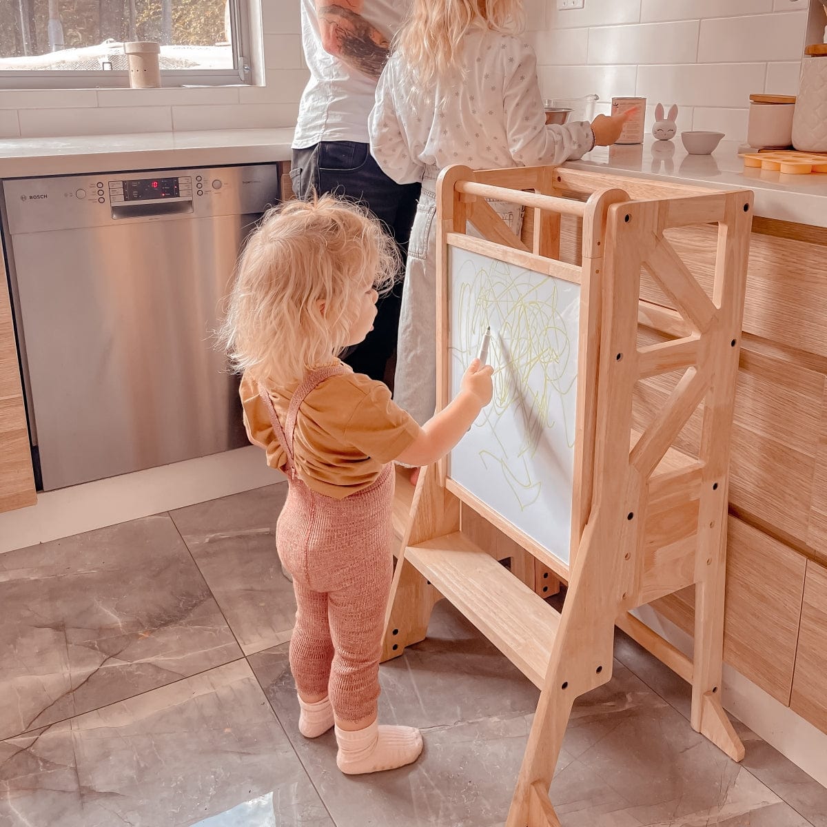 JALA Deluxe Solid Wood Adjustable Kitchen Tower - Flag with Duck Stool Handle