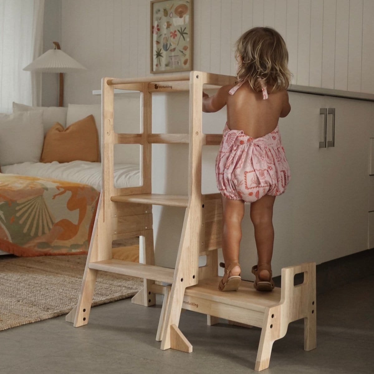 JALA Deluxe Solid Wood Adjustable Kitchen Tower - Rectangle Stool Handle