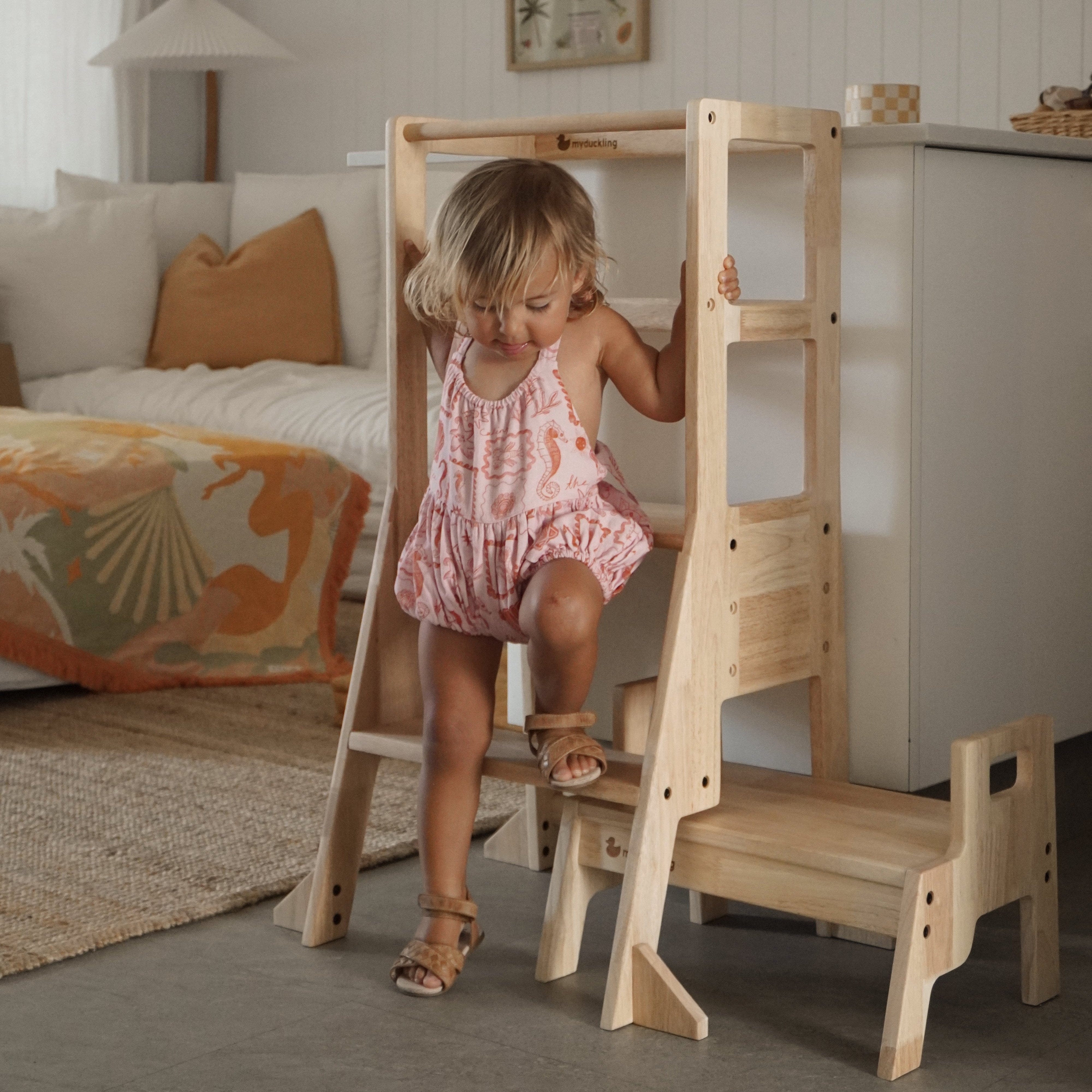 JALA Deluxe Solid Wood Adjustable Kitchen Tower - Rectangle Stool Handle