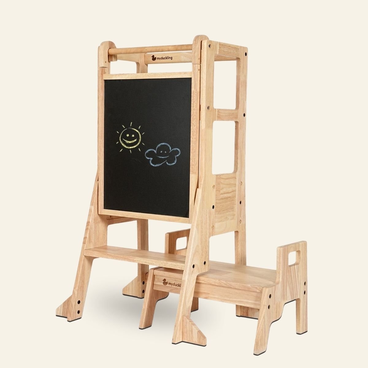 JALA Deluxe Solid Wood Adjustable Kitchen Tower - Rectangle Stool Handle – Montessori-inspired furniture for kids by My Duckling