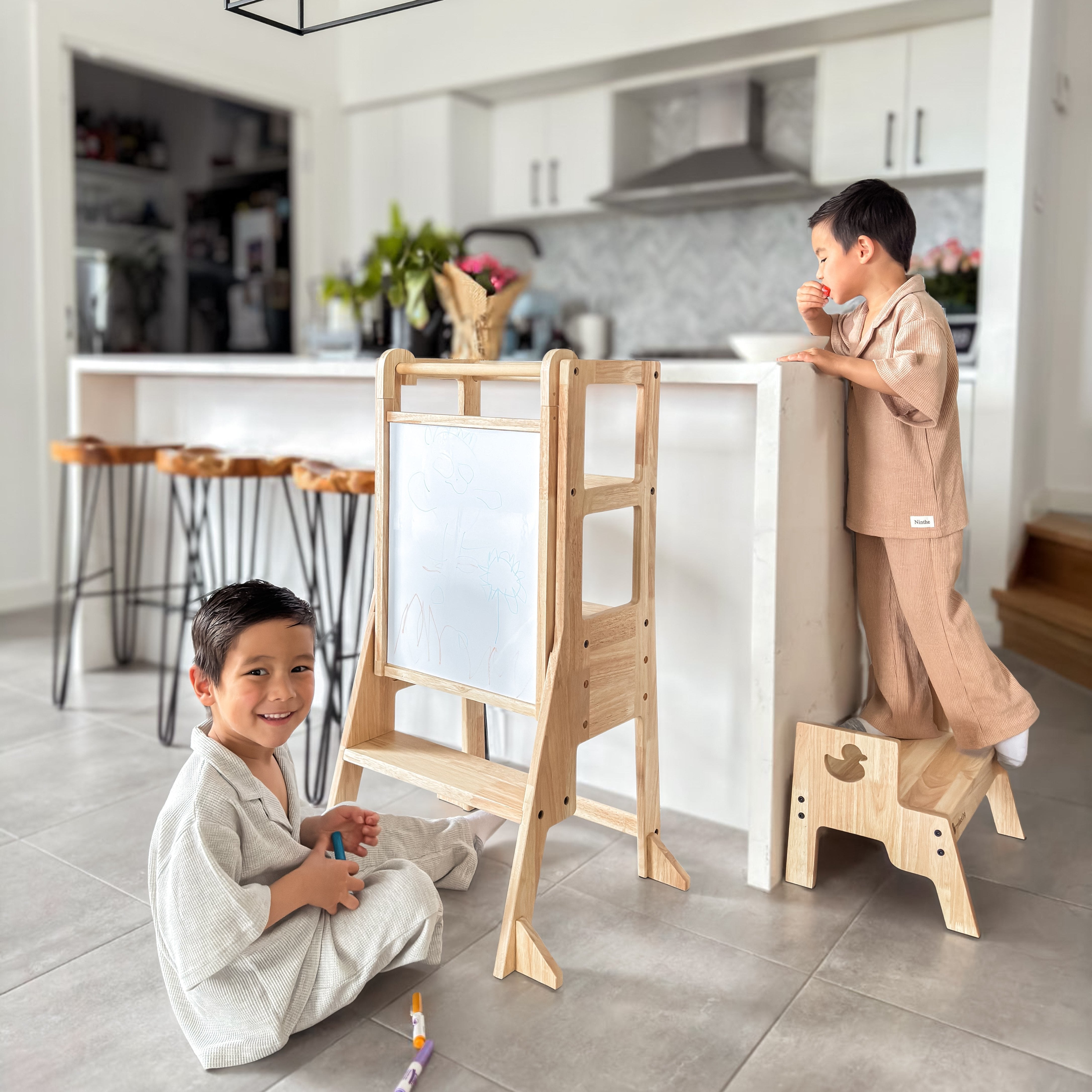 JALA Deluxe Solid Wood Adjustable Kitchen Tower - Duck Stool Handle