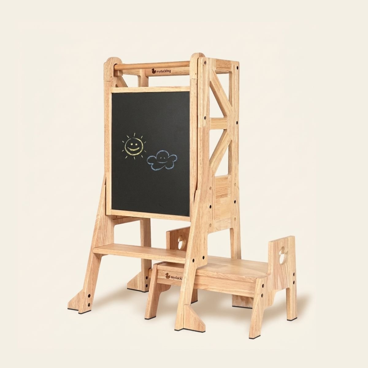 JALA Deluxe Solid Wood Adjustable Kitchen Tower - Flag with Duck Stool Handle – Montessori - inspired furniture for kids by My Duckling