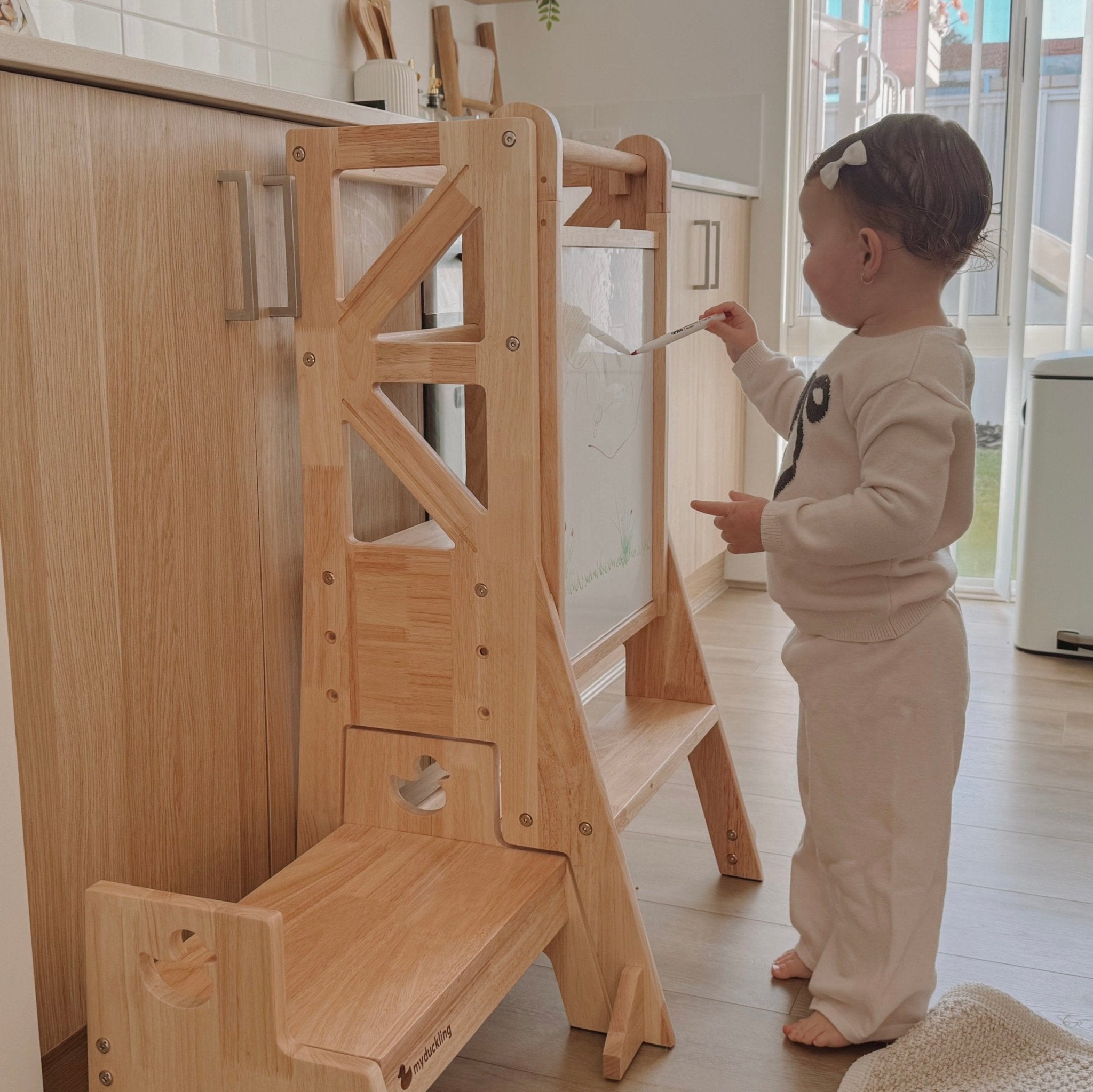 JALA Deluxe Solid Wood Adjustable Kitchen Tower - Flag with Duck Stool Handle - My Duckling USA